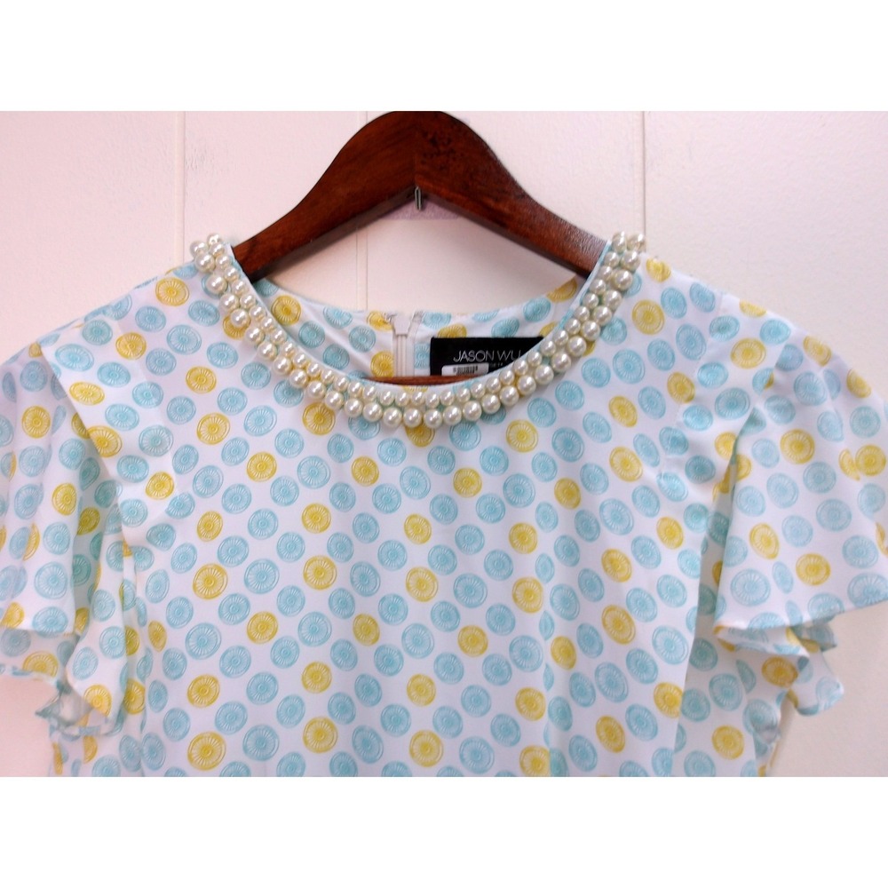 Jason Wu Aqua Blue Yellow Dress Pearl Neckline Ruffle Sleeve Sz‎ 8 / #8022 - Picture 3 of 7
